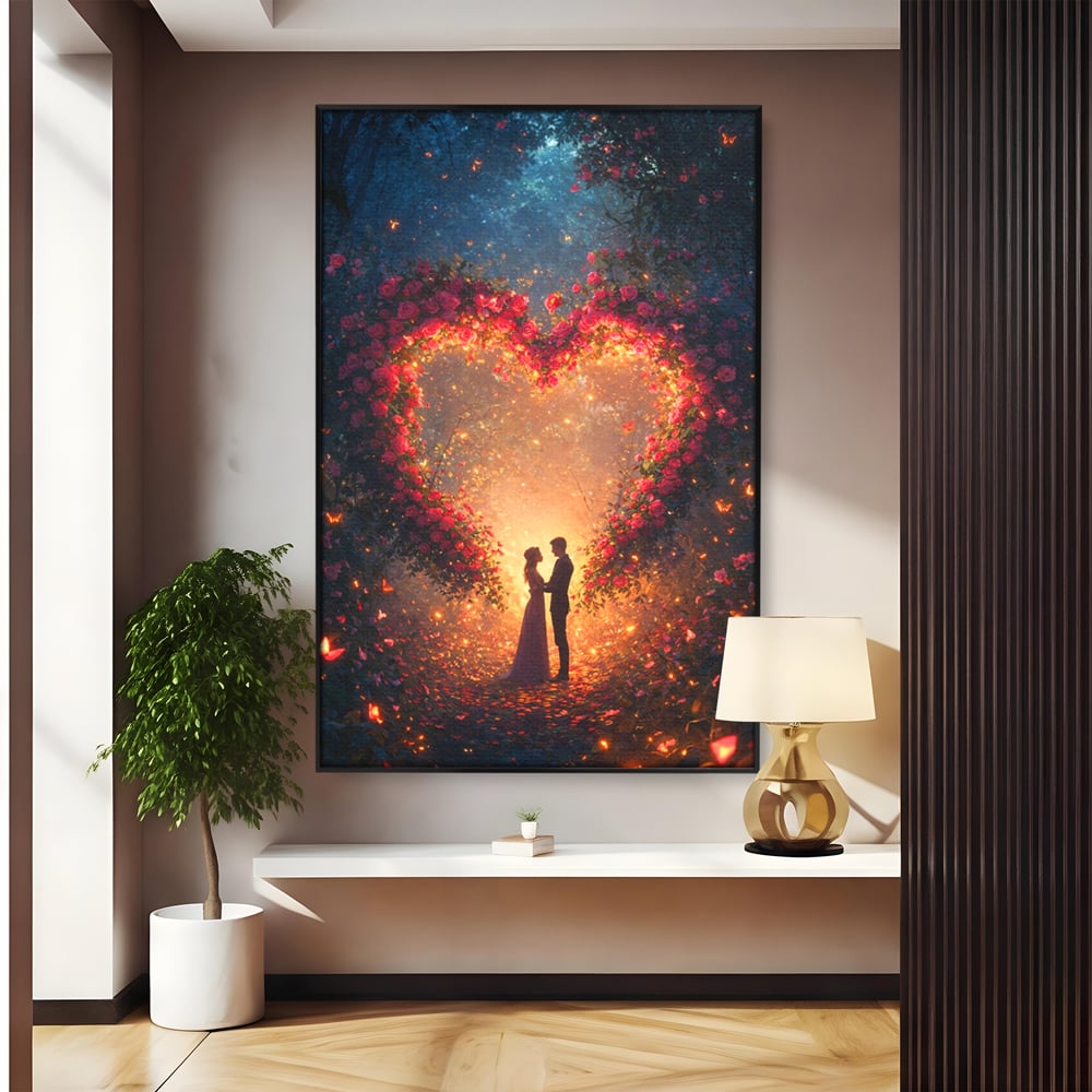 Tablou canvas cu ilustratie digitala cu cuplu si arc de trandafiri, in rama de aluminiu negru